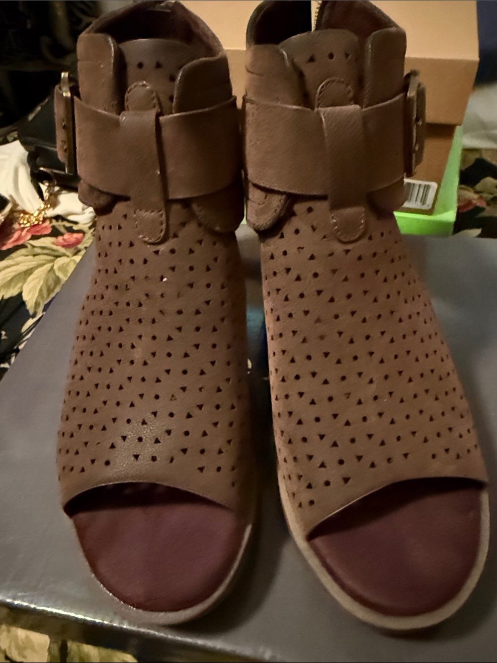 Pierre Dumas Brown Perforated Peep-Toe Buckle Mules